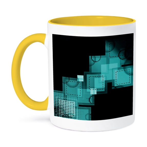 3dRose, Turquoise Squares Stitched and Digital Abstract Art, 11oz Two-Tone Yellow Mug