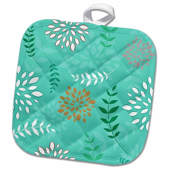 3dRose, Turquoise, White, and Peach Flowers and Leaves Pattern, 8x8 Potholder