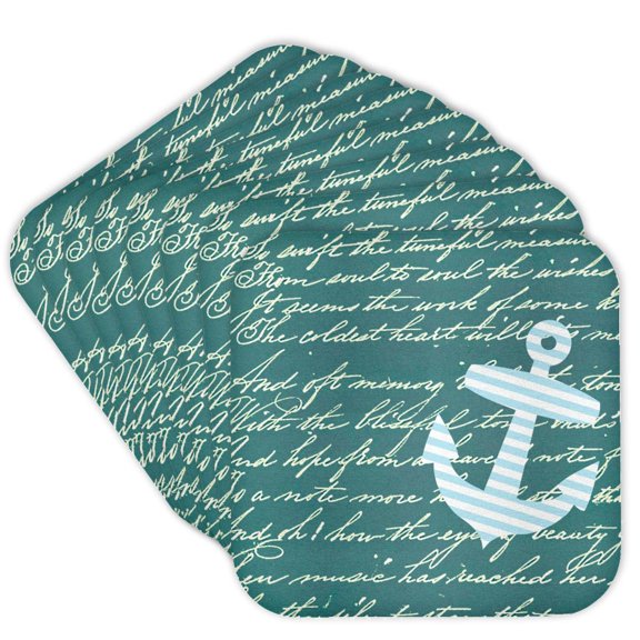 3dRose, Turquoise anchor with teal blue background and handwriting - trendy striped sailor nautical design, Set of 8 Coasters - Soft