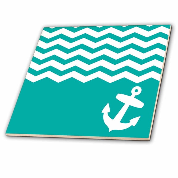 3dRose, Turquoise and white chevron with nautical anchor - sailor zigzag pattern waves - teal blue green, 4 Inch Ceramic Tile