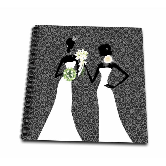 3dRose, Two Brides in Wedding Gowns with Black Damask Background, Drawing Book 8 x 8 inch
