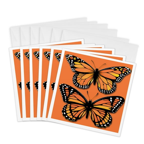3drose, Two Colorful Monarch Butterflies on a Matching Orange Background, 6 Greeting Cards with Envelopes
