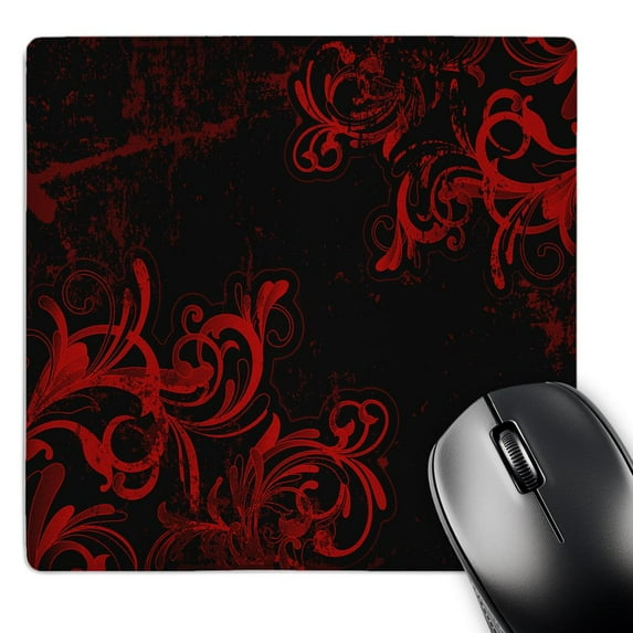 3dRose, Two Corner Flourishes In Red Against A Black Background, MousePad