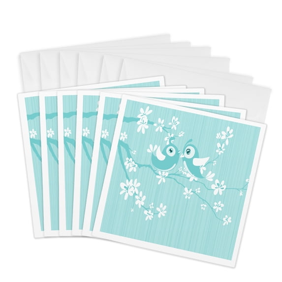 3drose, Two Cute Little Turquoise Bird Illustrations on a Cherry Blossom Branch, 6 Greeting Cards with Envelopes