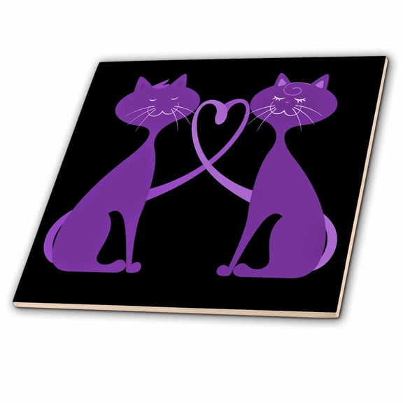 3dRose, Two Cute Purple Cats In Love On A Black Background, 4 Inch Ceramic Tile
