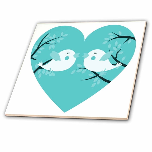 3dRose, Two Cute Turquoise Birds On A Tree In A Heart, 4 Inch Ceramic Tile
