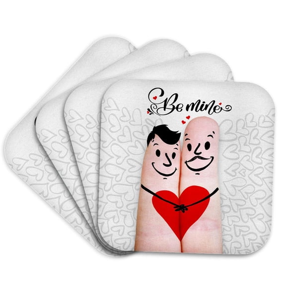 3drose, Two Gay Male Faces Drawn on Fingers for Fun Gay Valentine Be Mine, Set of 4 Coasters - Soft