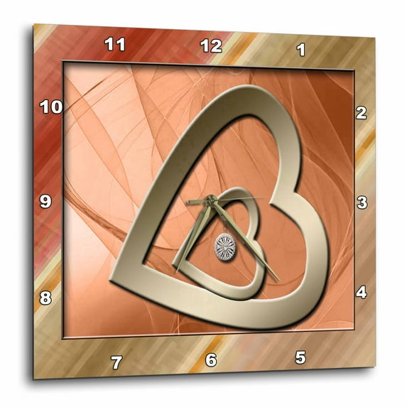3dRose, Two Gold Hearts with Jewel, Peach, 10x10 Wall Clock