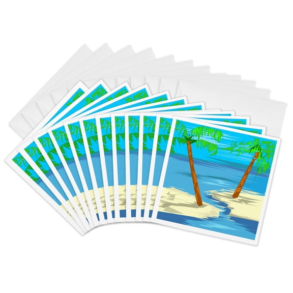 3drose, Two Palm Trees Ocean Water, 12 Greeting Cards with Envelopes