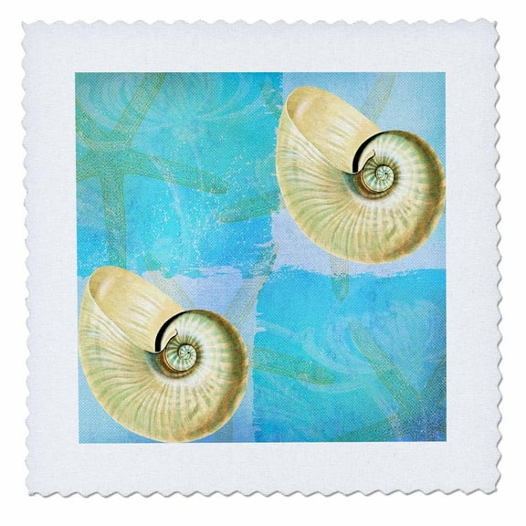 3dRose, Two Shells with Starfish in Aqua and Blues Ocean Colors Beach Theme, 10x10 inch quilt square