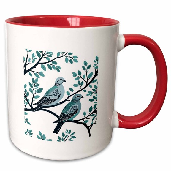 3drose, Two Turtle Doves in Grey and Blue Cut-out Stencil on White Background, 15oz Two-tone Red Mug