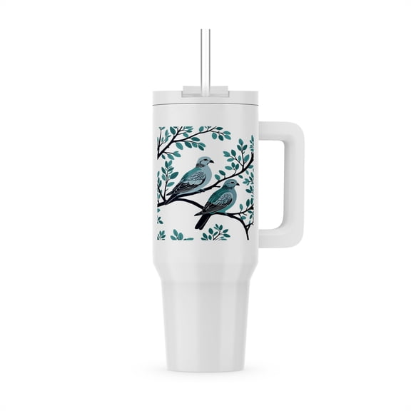 Two Turtle Doves In Grey And Blue Cut-Out Stencil On White Background, 40oz Tumbler