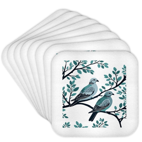 3drose, Two Turtle Doves in Grey and Blue Cut-out Stencil on White Background, Set of 8 Coasters - Soft