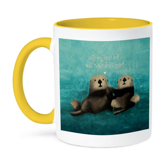 3dRose, Two sea otters holding hands in the ocean, 15oz Two-Tone Yellow Mug