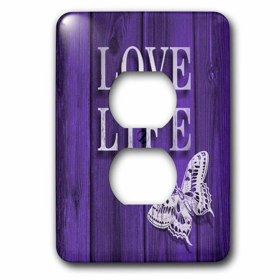 3dRose, Typography- Love Life Text and Butterfly over Purple Stain Wood Effect, 2 plug outlet cover