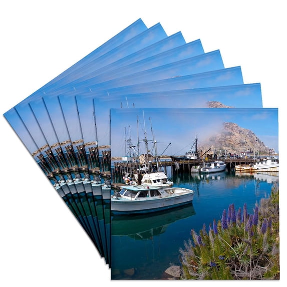 3dRose, USA, California. Docked boats at Morro Bay with Morro Rock., Set of 8 Ceramic Tile Coasters