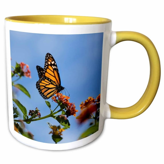 3drose, Usa, California. Monarch Butterfly on Lantana Flower., 15oz Two-tone Yellow Mug