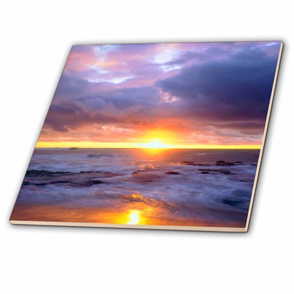 3dRose, USA, California, San Diego, Sunset Cliffs beach at Sunset., 4 Inch Ceramic Tile
