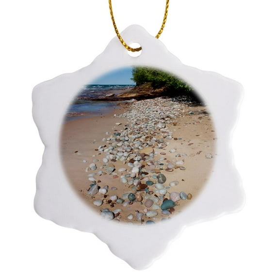 3drose, Usa, Michigan. Pebbles Along 12 Mile Beach., 3 inch Snowflake Porcelain Ornament