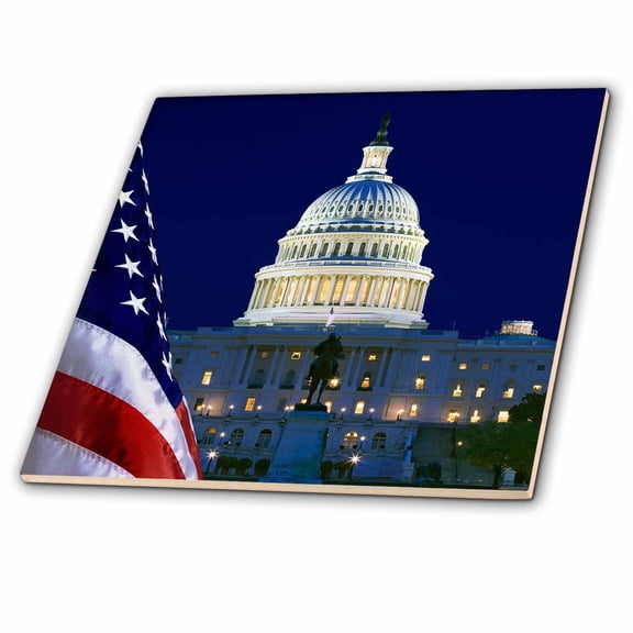 3dRose, USA, Washington DC. Capitol Building and US flag at night. , 4 Inch Ceramic Tile
