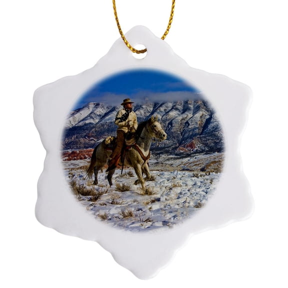 3drose, Usa, Wyoming, Shell, Cowboy Riding in Snow - Us51 Teg0048 - Terry Eggers, 3 inch Snowflake Porcelain Ornament