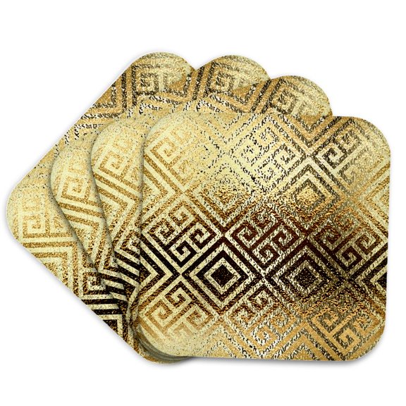 3dRose, Ultra Glam Digital Gold Greek Key Pattern, Set of 4 Coasters - Soft