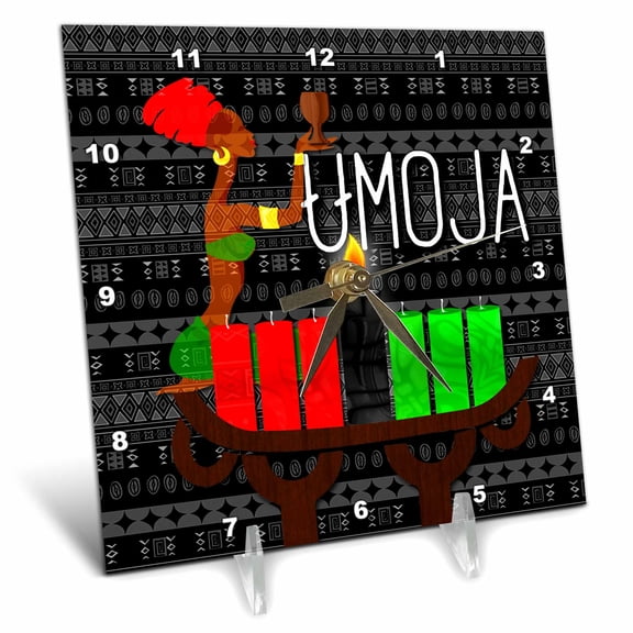 3dRose, Umoja Day 1 of Kwanzaa Unity Cup with Kinara Candles December 26th, 6x6 Desk Clock