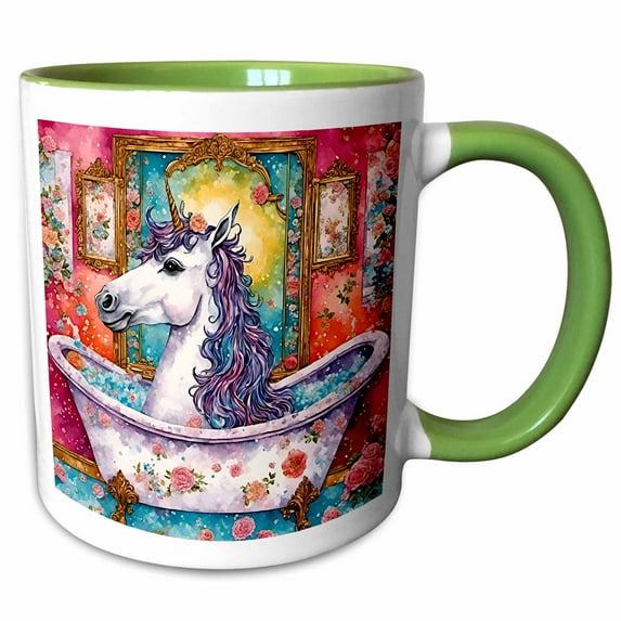 3drose, Unicorn Purple Blue Mane Bathing in a Clawfoot Bath, 11oz Two-tone Green Mug