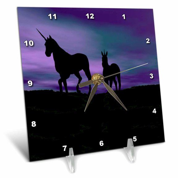 3dRose, Unicorns In Silhouette Against A Painted Sky, 6x6 Desk Clock