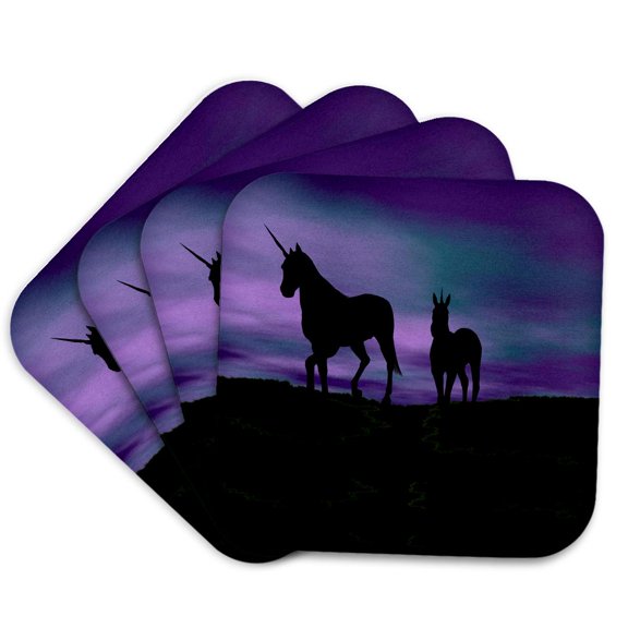 3dRose, Unicorns In Silhouette Against A Painted Sky, Set of 4 Coasters - Soft