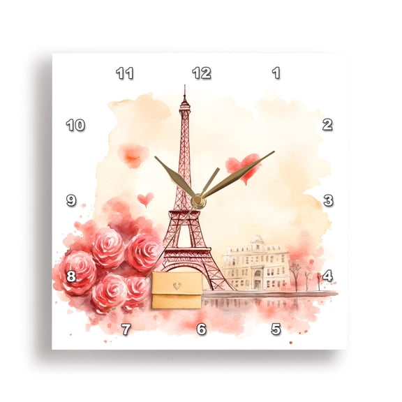 3dRose, Valentine Eiffel Tower With Flowers Illustration, 15x15 Wall Clock