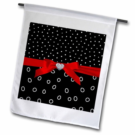 3dRose, Valentine Polkadots -Black and White Dots Confetti Red Ribbon Diamond, 12 x 18 inch Garden Flag