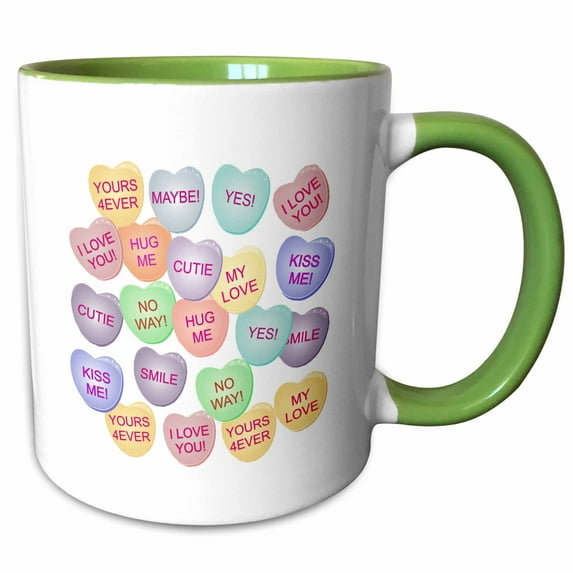 3drose, Valentines Conversation Candy Hearts, Valentines Day, 3drsmm, 11oz Two-tone Green Mug