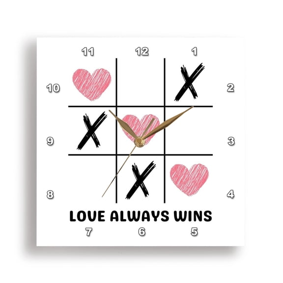 3dRose, Valentines Day Love Always Wins Tic Tac Toe Hearts, 15x15 Wall Clock