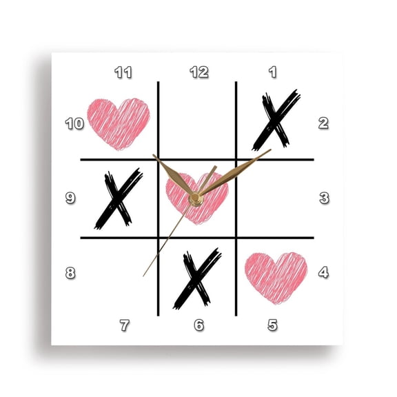 3dRose, Valentines Day Tic Tac Toe X and Hearts, 15x15 Wall Clock