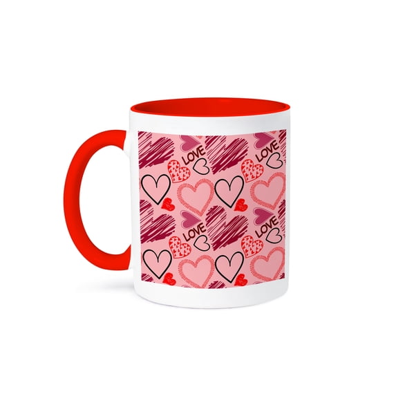 3drose, Valentines Day Pattern of Love Text, Colorful Hearts on Pink, Gift, 11oz Two-tone Red Mug