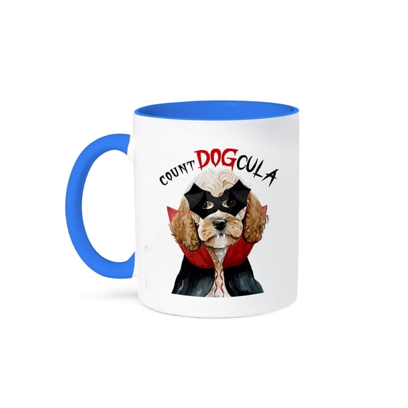 3dRose, Vampire Halloween dog is a cute Cockapoo in blonde coloring., 11oz Two-Tone Blue Mug