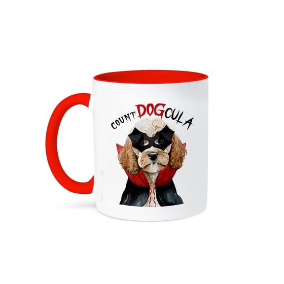 3dRose, Vampire Halloween dog is a cute Cockapoo in blonde coloring., 11oz Two-Tone Red Mug