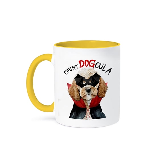 3dRose, Vampire Halloween dog is a cute Cockapoo in blonde coloring., 11oz Two-Tone Yellow Mug