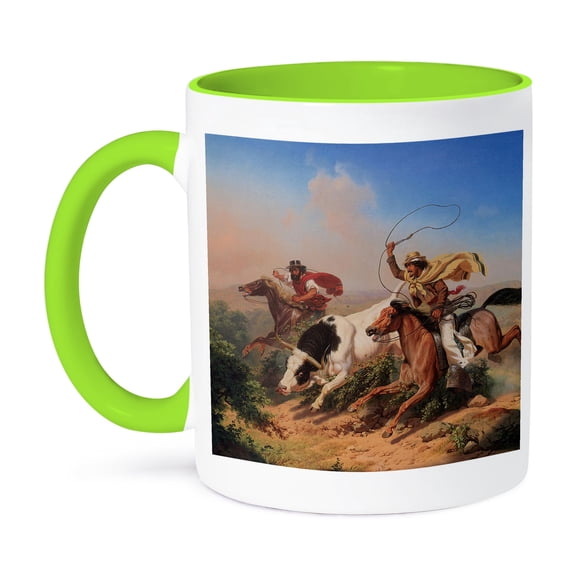 3dRose, Vaqueros Roping a Steer by Charles Christian Nahl American West, 11oz Two-Tone Green Mug
