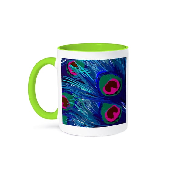 3dRose, Vector peacock feathers in electric blue and pink, 15oz Two-Tone Green Mug