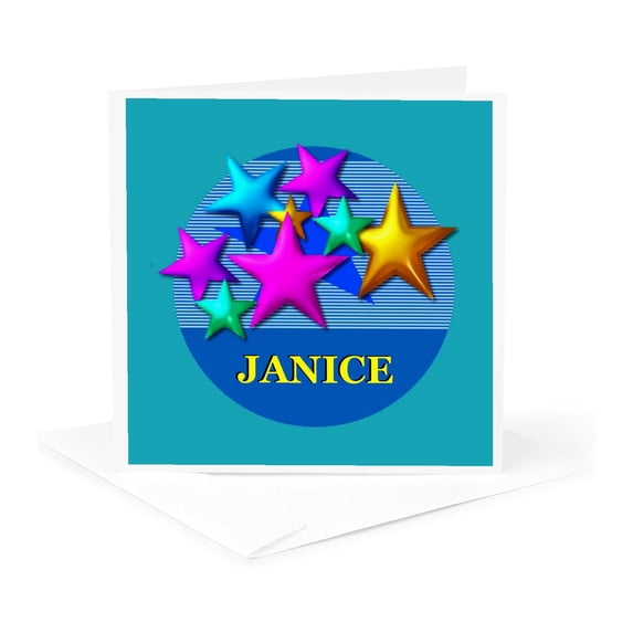 3drose, Vibrant Colored Stars on a Blue Background Personalized with the Name Janice, 1 Greeting Card with Envelope