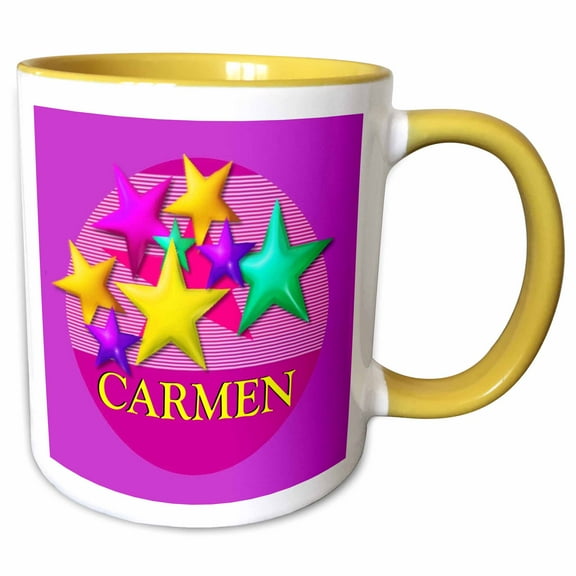 3drose, Vibrant Colored Stars on a Pink Background with the Name Carmen, 11oz Two-tone Yellow Mug