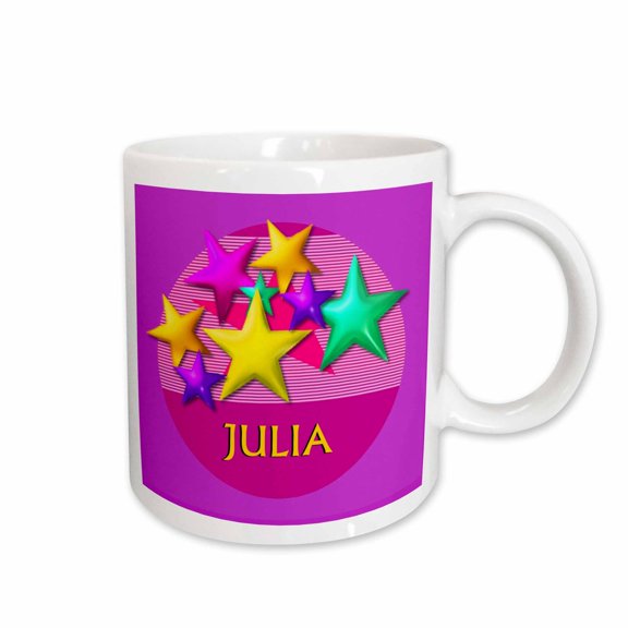 3drose, Vibrant Colored Stars on a Pink Background with the Name Julia, 11oz Mug