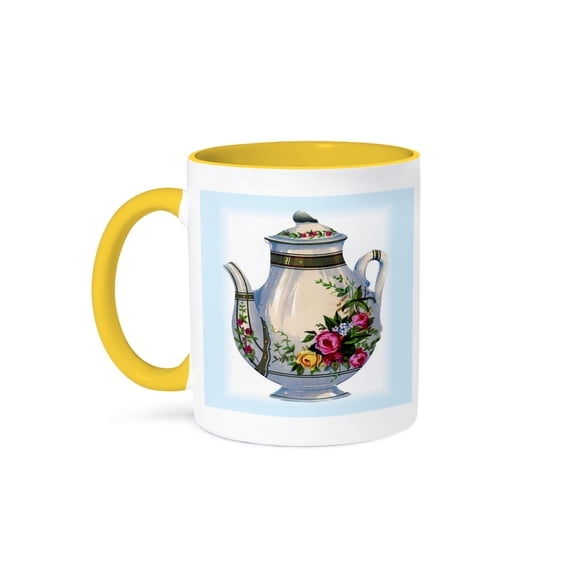 3dRose, Victorian Floral Teapot, 15oz Two-Tone Yellow Mug