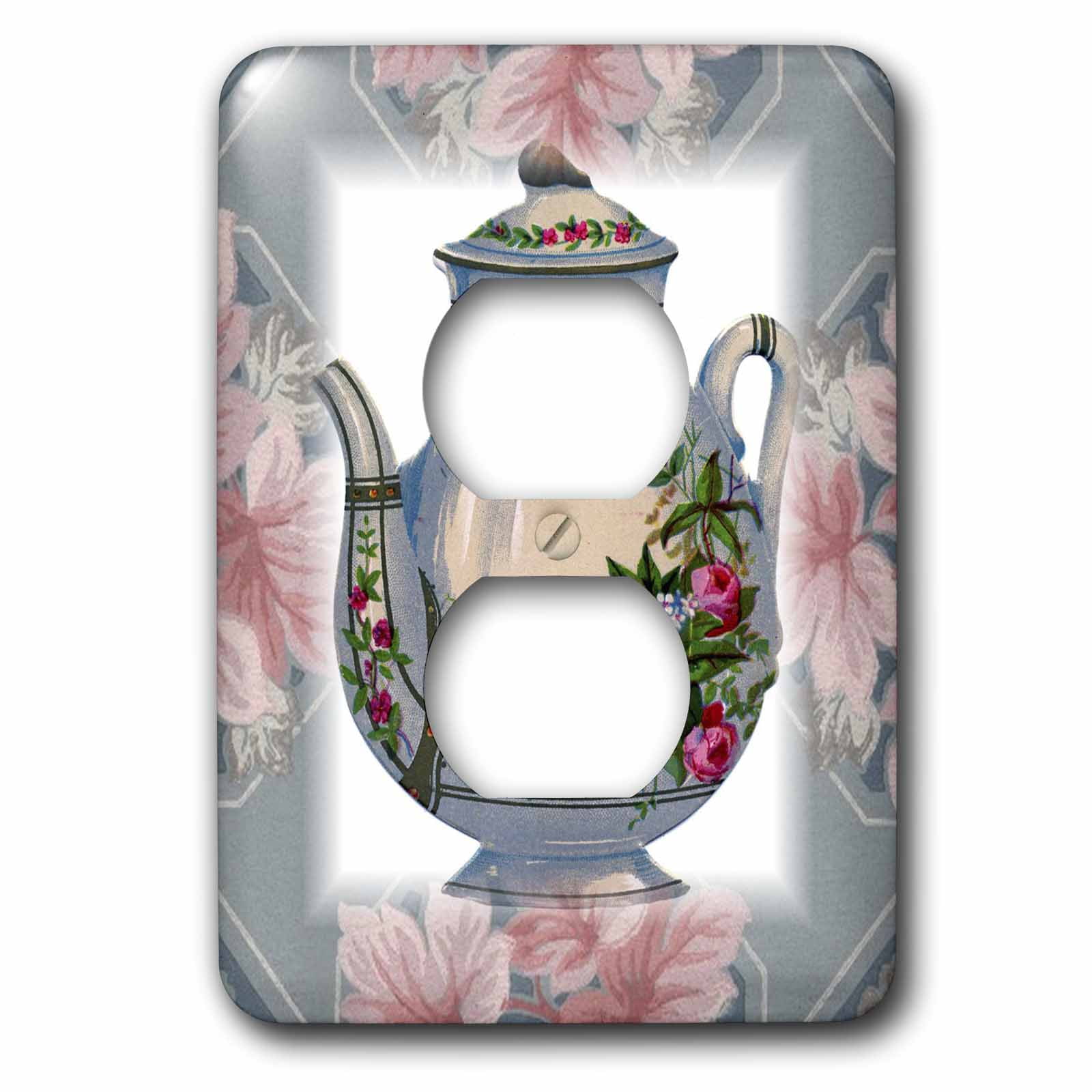 3dRose, Victorian Flower Teapot On Blue Pink Floral Background, 2 plug outlet cover