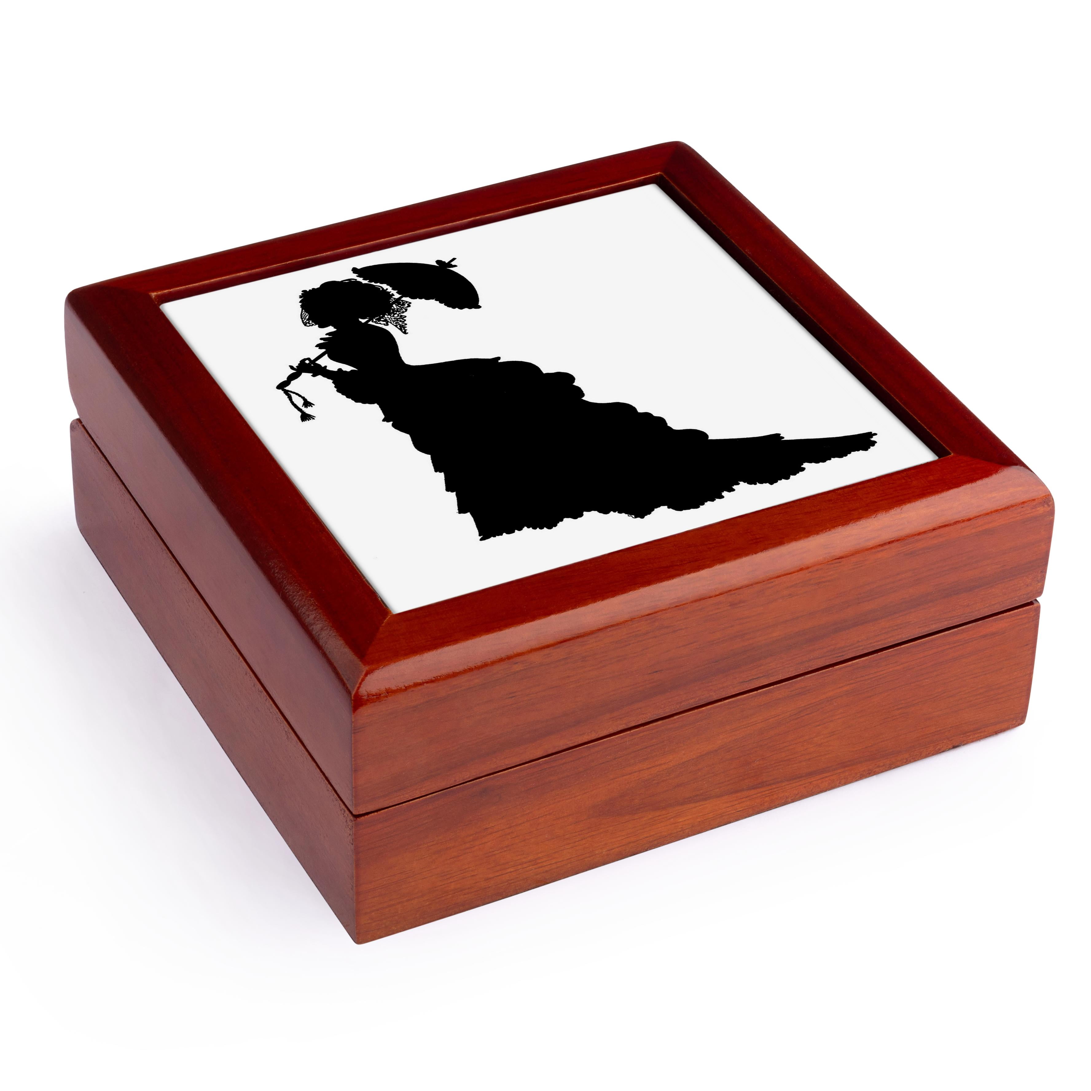 3dRose, Victorian Lady In Black Silhouette Dress and Umbrella, Jewelry Box 5.5x5.5 inch with 4 inch tile