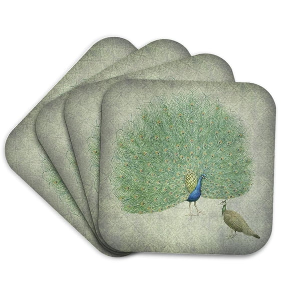3dRose, Victorian Peacock Male and Female on Vintage Look Green Damask, set of 4 Coasters - Soft