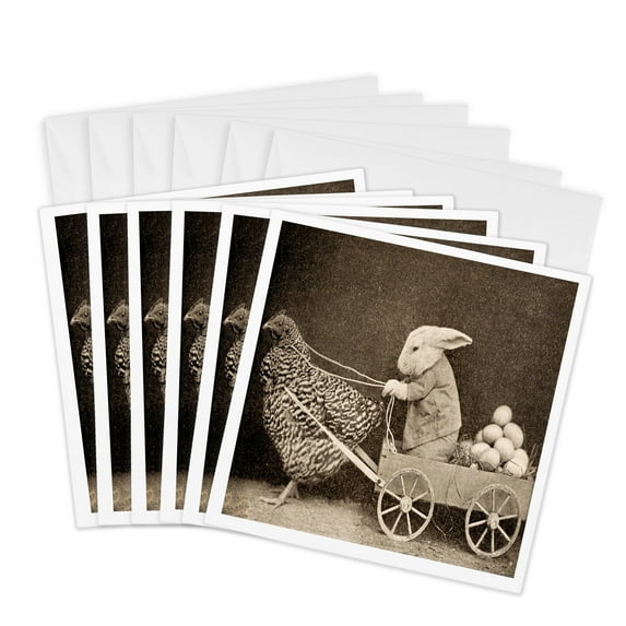 3drose, Victorian Photo Rooster Pulling Bunny, 6 Greeting Cards with Envelopes