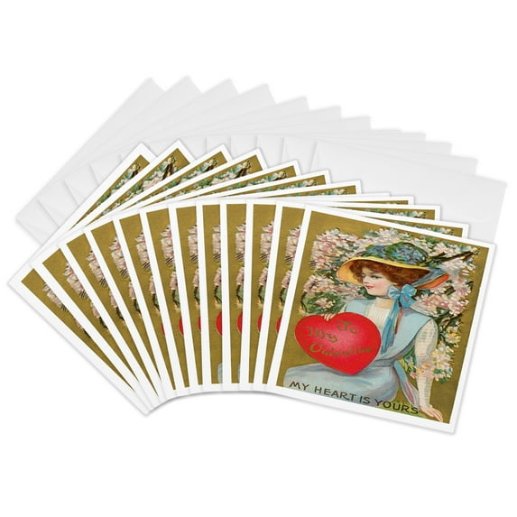 3drose, Victorian Woman with Flowers to My Valentine My Heart Is Yours, 12 Greeting Cards with Envelopes